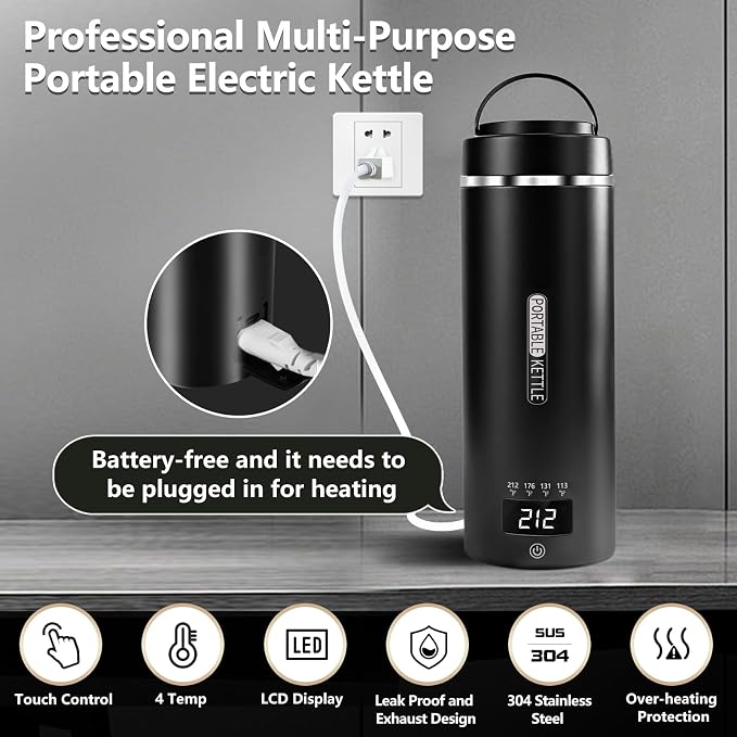 Travel Kettle, Portable Electric Kettle with 4 Temperature Controls, 304 Stainless Steel with Auto Shut-off, Black(120V)