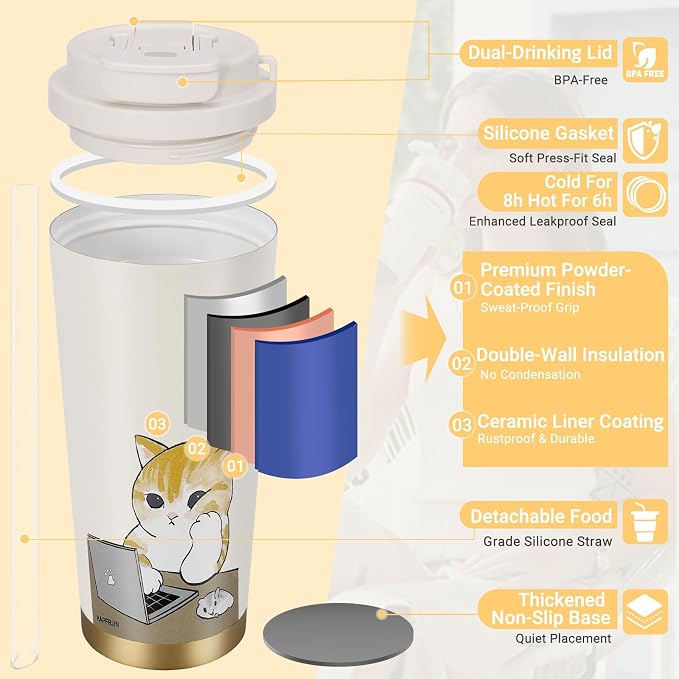 Insulated Tumbler With Lid And Straw, Stainless Steel Cat Coffee Tumbler 16 Oz, Travel Ceramic Lined Coffee Tumbler, Double Wall Vacuum Leak Proof Mug For Office School Party Camping (Working Cat)