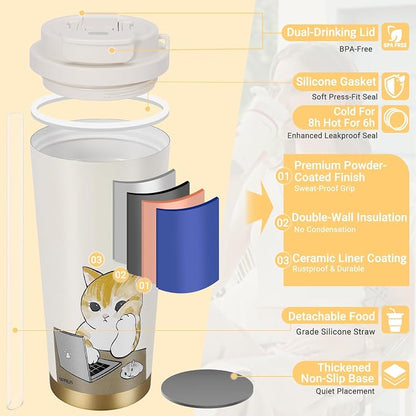 Insulated Tumbler With Lid And Straw, Stainless Steel Cat Coffee Tumbler 16 Oz, Travel Ceramic Lined Coffee Tumbler, Double Wall Vacuum Leak Proof Mug For Office School Party Camping (Working Cat)
