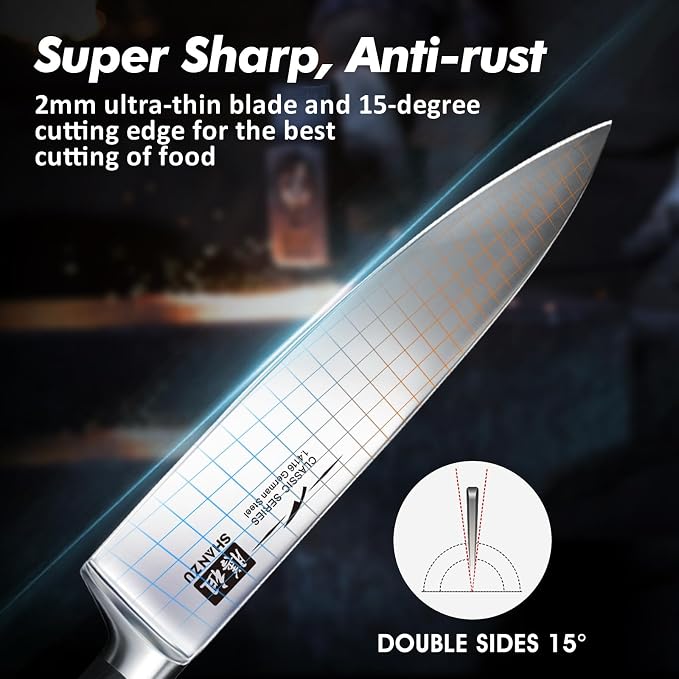 SHAN ZU Kitchen Knife Sets 3pcs, Professional German 5Cr15MoV Stainless Steel, High Carbon Steel Knives Sets, Ultra Sharp Ergonomic Wood Handle & Full Tang Design, Gift Box Included