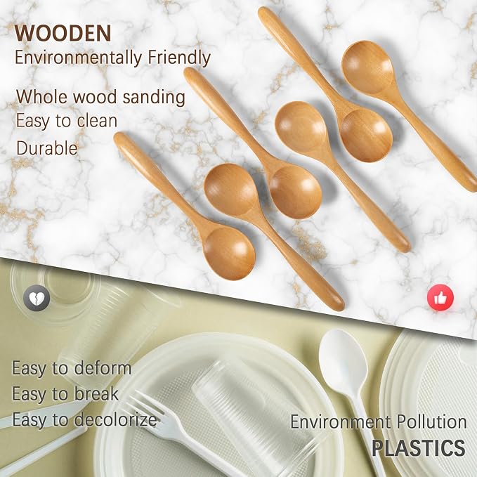 6 PCS Wooden Spoons for Honey, 6.7 inch Small Wooden Spoons - Terrific for Tea, Coffee & Soup, Little Schima Wood Serving Table Spoon Set, Bulk Bamboo Teaspoon for Eating with Unique Design