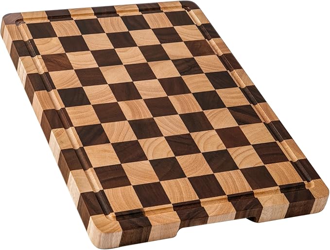THETCHRY Cutting Boards for Kitchen, Checkered Wood Cutting Board, Walnut Chopping Board with Juice Grooves & Handles, Butcher Block Serving Tray with Gift Box 16.5" x 11.6" x 0.8"