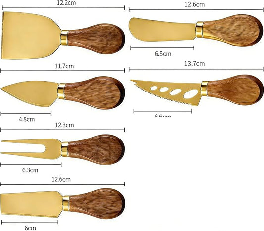 6 Pcs Gold Cheese Knives Set Tools Stainless Steel Cheese Slicer and Cutters for Kitchen Board Knife Set for Kitchen Charcuterie Board Accessories Housewarming Gift (Acacia-Gold Box)