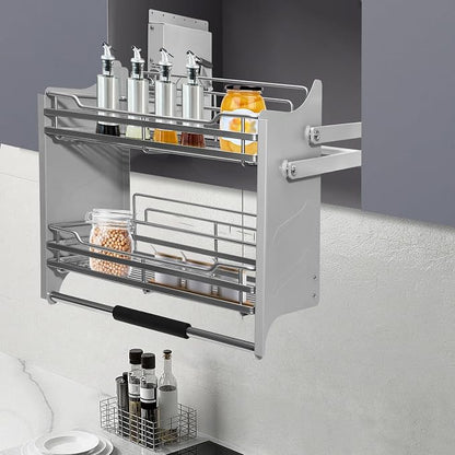 22in Pull Down Shelf, 2-Tier Pull Down Shelf for Upper Cabinets, Kitchen Spice and Dishes Pull-Out Storage Shelf, High Cabinet Organizer Large Storage Space for Snack, Bowl (Dark Grey)