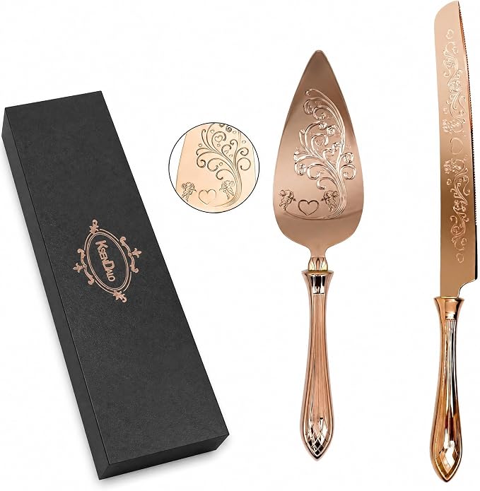 KSENDALO Elegant Wedding Cake Knife and Server Set with Hollow Handle, Rose Gold Serrated Knife Cake Cutting Set, 18/8 Stainless Steel Pie Server for Weddings, Birthdays & Anniversary,13.78inch Long