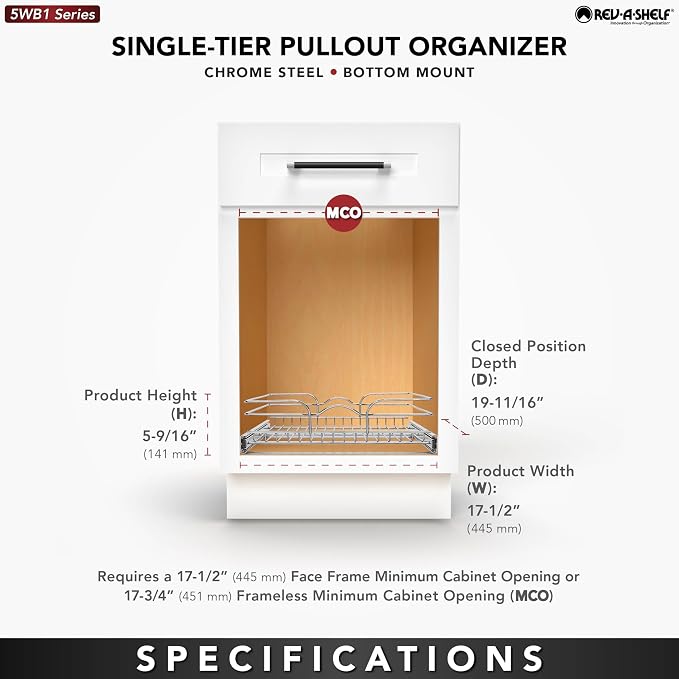 Rev-A-Shelf Steel Wire Pullout Drawer Organizer Shelf for Kitchen Cabinets, Slide Out Storage Basket, Min Opening Width of 17.5", 18" x 20", 5WB1-1820CR-1