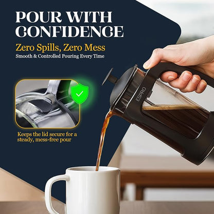 ESPRO Light P3 French Press Coffee Maker – Patented Double Micro-Filter for Grit-Free Brew, Heat Resistant thicker Borosilicate Glass Coffee press – (Black 18 oz)