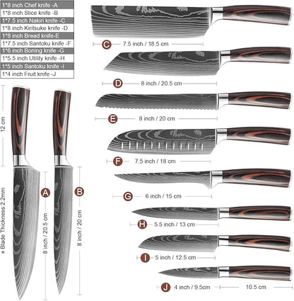 XITUO 10-Piece High Carbon Stainless Steel Knife Set, Laser-Etched Ultra Sharp Blade Kitchen Knives with Ergonomic Pakkawood Handle, Gift Box for Home Chef