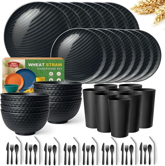 Teivio 32-Piece With Flatware Kitchen Plastic Wheat Straw Dinnerware Set, Service for 8, Dinner Plates, Dessert Plate, Cereal Bowls, Cups, Unbreakable Plastic Outdoor Camping Dishes, Gray Ombre
