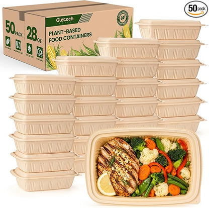 100 Piece (50 Pack) Meal Prep Containers with Lids, 28 oz Cornstarch Food Storage Containers Plant-based Lunch Box for Salad,BPA Free Plastic Take Out Containers Microwave and Freezer Safe