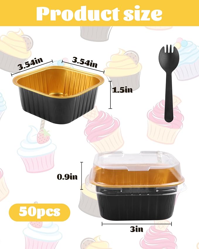 30 Pack 5oz Square Mini Cake Pans with Lids and Spoons,Aluminum Foil Baking Cups,Disposable Mini Loaf Pans Ramekins for Brownie, Cheesecake, Mousse & Wedding Party Favors-Black