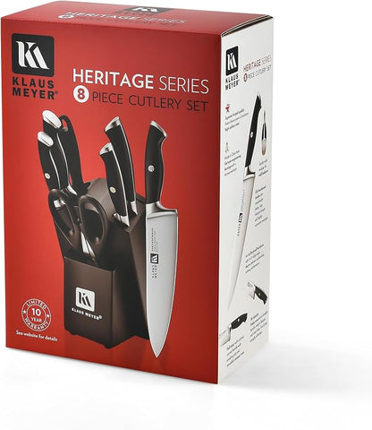 Klaus Meyer 8-Piece Kitchen Knife Set, German High Carbon Steel Pakka Wood Handle Chef Knife Set With Block, Ultra Sharp With Scissors, Sharpener Rod.
