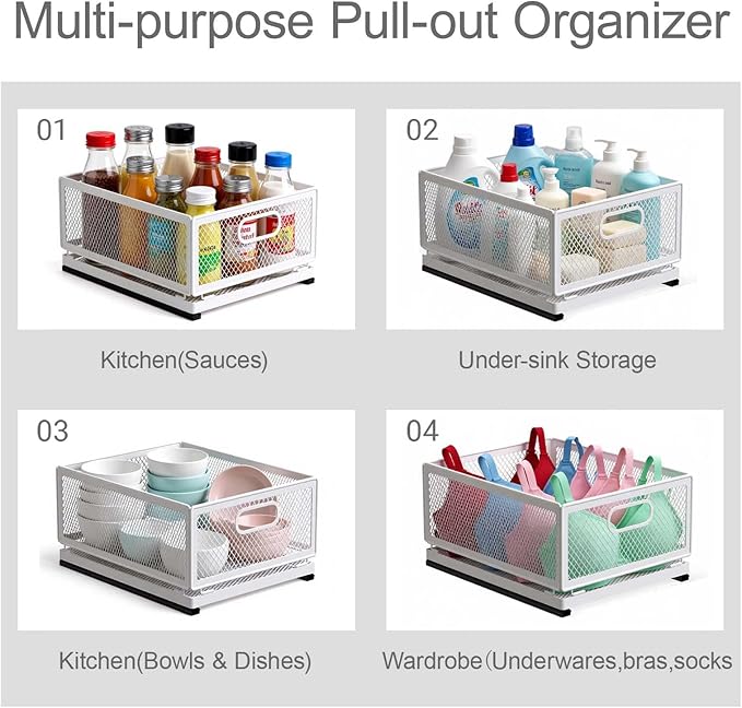 Pull-Out Cabinet Organizer W 9.4"x D 15.7"XH 8.3" Metal Steel Slide Basket with Adhesive Rails for Kitchen, Closet, Pantry Storage bathroom Sliding Drawer Rack undersink shelf