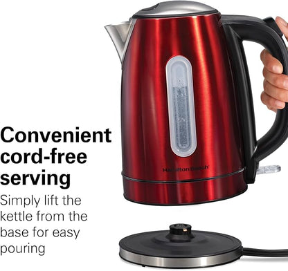 Hamilton Beach Electric Tea Kettle, Water Boiler & Heater, 1.7 Liter, Cordless Serving, 1500 Watts for Fast Boiling, Auto-Shutoff and Boil-Dry Protection, Red with LED Light Ring (41060)