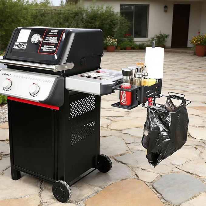 Utheer Grill Organizer Kit Compatible with Weber Works System, Rail-Mounted Grill Caddy Basket with Paper Towel Holder, Trash Bag Holder, Cup Holder & 4 Hooks for Slate, Spirit, Genesis, Performer