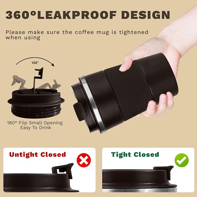 SPLMIFA Vacuum-Insulated Stainless Steel Travel Coffee Mug, Leak-Proof Reusable Coffee Cup with Lid - Keep Hot & Cold Drinks for Hours, Durable Insulated Tumbler for Men & Women(3rd-Dark Coffee, 12OZ)