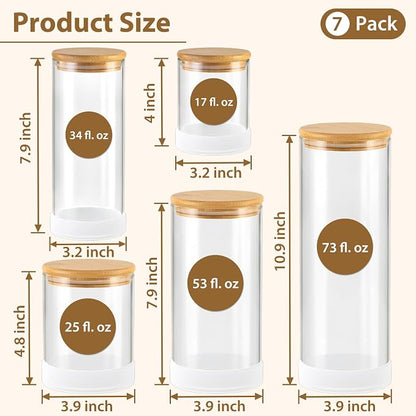 TBWIND Glass Storage Containers with Bamboo Lids – 7 Pack Airtight Clear Glass Jars in Mixed Sizes (17oz/25oz/34oz/53oz/73oz) for Pantry Organization, Kitchen Dry Food, Coffee, Flour, Pasta & Snacks