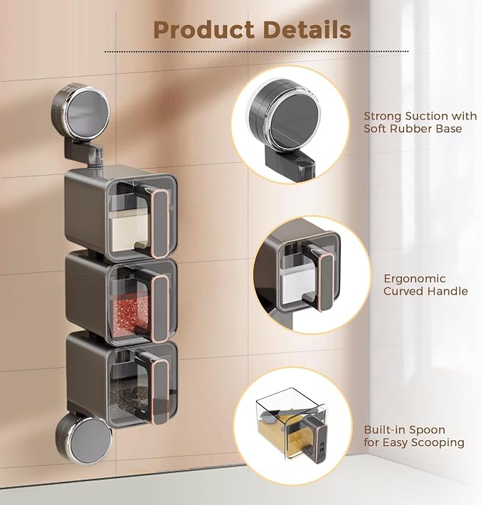 Suction Cup Seasoning Holder, Wall Mounted Seasoning Organizer, Suction Seasoning Box with Spoon, 180° Rotatable Spice Rack, Sealed Moisture-Proof, Space Saving Kitchen Spice Storage Rack (1pc, GREY)