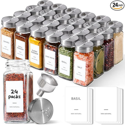 ComSaf Aesthetic Minimalist Spice Jars Set with Adjustable Shaker Lids, 4oz 24PCS Glass Spice Containers with 45 Labels, Square Condiment Jars for Kitchen Organization, Salt and Pepper Seasoning Set