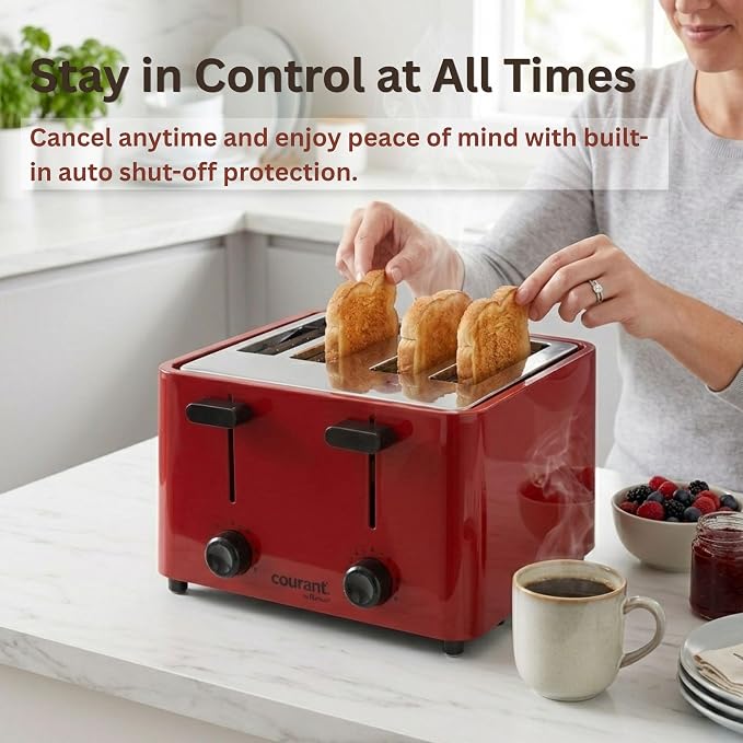 Courant 4 -Slice Toaster Cool Touch with Extra Wide Slots For Bread, Bagels & Waffle with 6 Adjustable Shade Settings, CrumbTray & Cancel Function Extra-Lift Feature, compact Design – Red