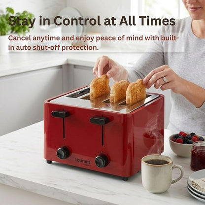 Courant 4 -Slice Toaster Cool Touch with Extra Wide Slots For Bread, Bagels & Waffle with 6 Adjustable Shade Settings, CrumbTray & Cancel Function Extra-Lift Feature, compact Design – Red