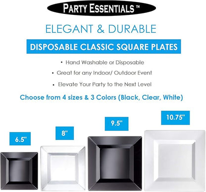 Party Essentials Party Supplies Disposable Classic Square Plastic Plates For Wedding/All Occasions, 10.75", 40-Count, Clear