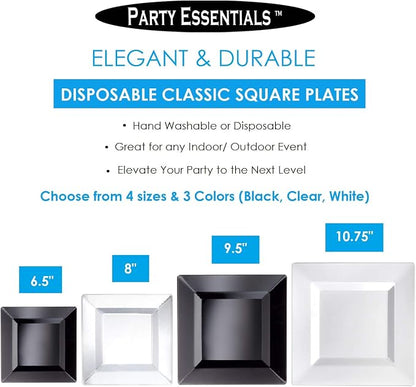 Party Essentials Party Supplies Disposable Classic Square Plastic Plates For Wedding/All Occasions, 10.75", 40-Count, Black