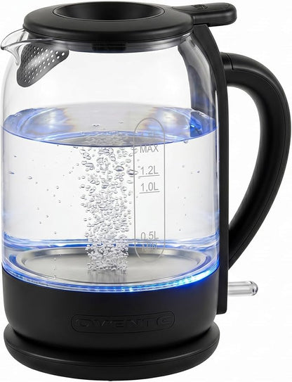 OVENTE Electric Kettle with 1.5L Borosilicate Glass, 1500W Fast Boiling Water Heater for Coffee or Tea, Easy to Fill Lid, Auto Shut-Off, Boil-Dry Protection & Stainless Steel Filter, Black KG516B