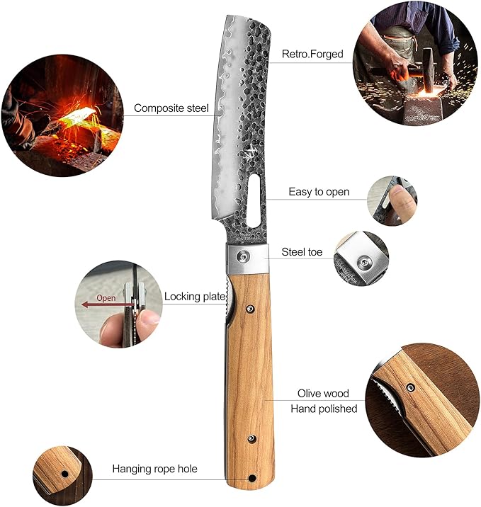 SENBON Forged 440A Stainless Steel Gift wrapped 4 piece set sharp pocket folding chef knife universal peeling bread knife set portable kitchen knives with natural olive handle