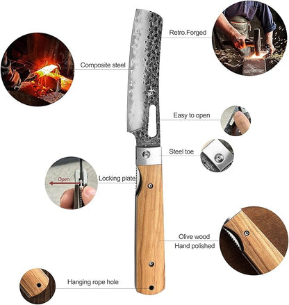 SENBON Forged 440A Stainless Steel Gift wrapped 4 piece set sharp pocket folding chef knife universal peeling bread knife set portable kitchen knives with natural olive handle