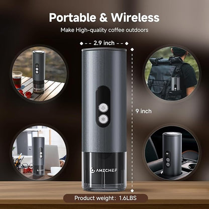 AMZCHEF Portable Coffee Maker Rechargeable w/ 9000mAh Battery, 2-in-1 Travel Espresso Maker for Ground/NS Capsules, Car Espresso Machine Self-Heating for Camping, RV, Hiking, Office, Aluminum