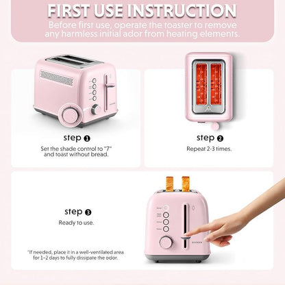 BUYDEEM DT620 2-Slice Toaster, 7 Shade Settings, Extra Wide 1.5'' Slots for Bagel & English Muffin, 6 Toasting Functions, Retro Stainless Steel Toaster with High Lift Lever, Pink