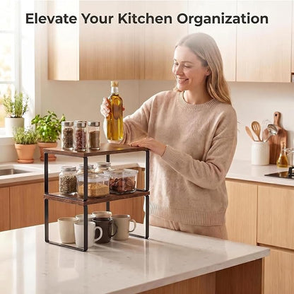 Kitchen Cabinet Organizer Shelf, Set of 4 Stackable Spice Rack Storage, Heavy Duty Metal & Wood Countertop Display Stand for Seasoning Bottles, Jars & Pantry Essentials（Brown）