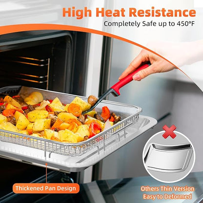 Air Fryer Basket for Oven, 2 Set Oven Air Fryer Basket and Tray with Cooking Guide&60 PCS Parchment Papers,DEGOVIN Crisper Tray Non-stick Stainless Steel Air Fry Pans for Convection Oven(Large+Medium)