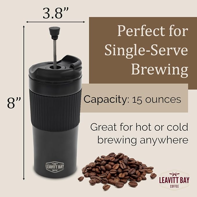 Portable French Press Travel Mug – Insulated Stainless Steel French Press Mug for Hot or Cold Brew – Durable Travel Coffee Maker – On-the-Go Tea & Coffee Maker (Black)