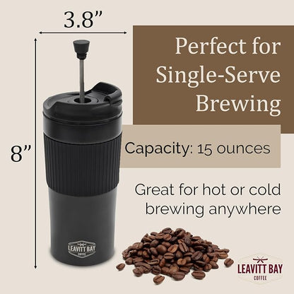Portable French Press Travel Mug – Insulated Stainless Steel French Press Mug for Hot or Cold Brew – Durable Travel Coffee Maker – On-the-Go Tea & Coffee Maker (Black)