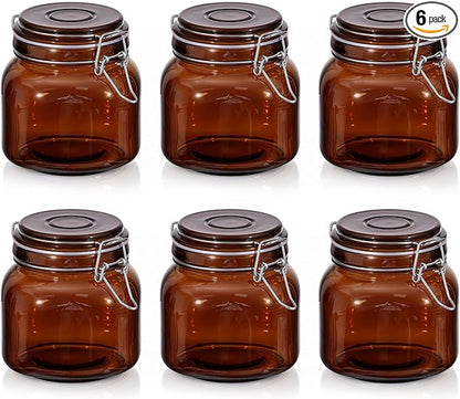 Norme 6 Pack 25oz Amber Airtight Glass Jars with Lids, Square Food Storage Container Airtight Food Wire Clip Fastening for Sauerkraut Flour Kitchen Sugar Cereal Kitchen Canning Pickling Mason Jars