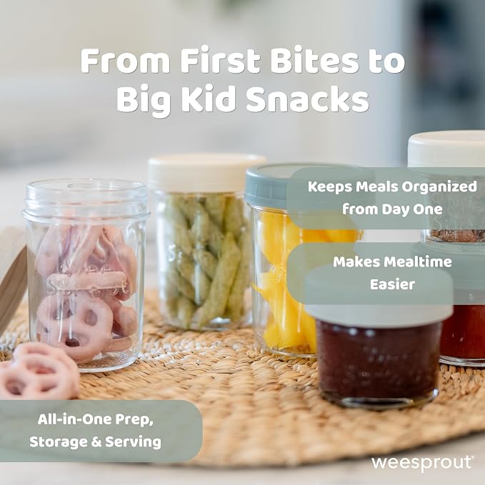 WeeSprout Baby Food Storage Glass Jars w/Lids (4/8 oz, 12 Pack) Pastel Variety, Snack, Reusable Small Containers, Fridge or Freezer, Microwave & Dishwasher Safe, Essentials for Infants