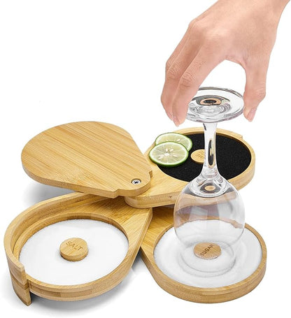 Margarita Salt Rimmer Set,1 Pack 3 Tier Bar Glass Rimmer Bamboo Wood Sugar Salt Box with Sponge,Bartender Tool for Cocktail and Margarita