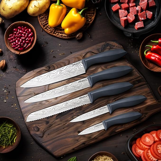 RAXCO Kitchen Knife Set,10-Piece Stainless Steel Knife Set with Block,Gray | Pro-Sharpened Kitchen Knives,Space-saving Compact Organizer for Small Kitchen,RV,Apartment and Dorm