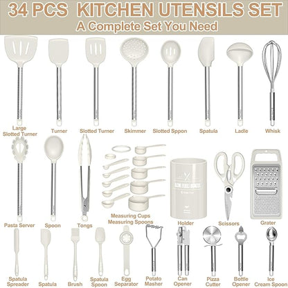 Kitchen Utensils Set-Umite Chef 34 Pcs Silicone Cooking Utensils Set for Nonstick Cookware-Silicone Spatulas Set, Stainless Steel Handle-White Kitchen Gadgets Tools, Pots and Pans Accessories