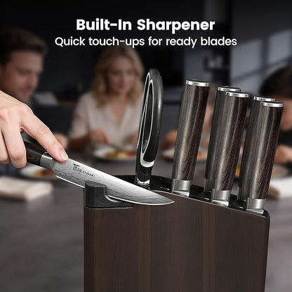 SYOKAMI 15-Piece Kitchen Knife Set with Magnetic Block, New for 2026, Detachable Steak Knife Block for Table Service, Built-In Sharpener, Wood Handle, Damascus Pattern, Housewarming Gifts