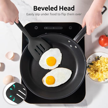 600ºF Heat Resistant Slotted Turner: U-Taste 13.6in Silicone Kitchen Spatula Flipper, 3.74in Wide Food Grade Flexible Thin Rubber Cooking Utensil for Egg, Pancake, Cookie in Nonstick Cookware (Black)