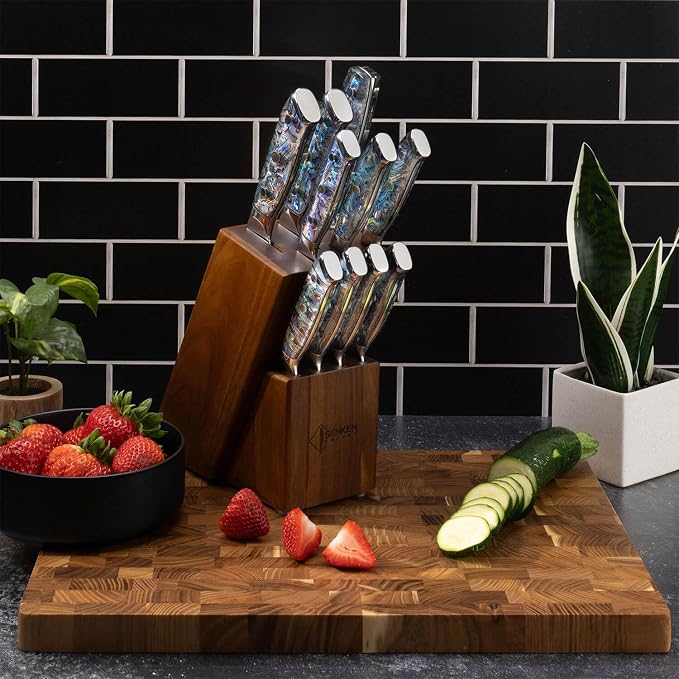 SENKEN 11-Piece Damascus Knife Block Set with Abalone Shell Handle - "Umi" Collection Japanese Chef Knife Set - 67-Layer Japanese VG10 Steel, Chef's Knife, Santoku, Paring, 4 Steak Knives & More