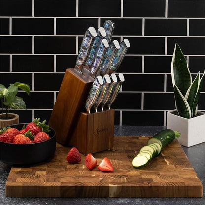 SENKEN 11-Piece Damascus Knife Block Set with Abalone Shell Handle - "Umi" Collection Japanese Chef Knife Set - 67-Layer Japanese VG10 Steel, Chef's Knife, Santoku, Paring, 4 Steak Knives & More