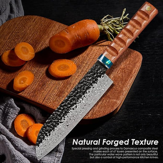 KEENZO Damascus Santoku knife 8 inch,Professional kitchen knives,Sharp Damascus knife,Ergonomic rosewood handle with gift box for Home & Restaurant