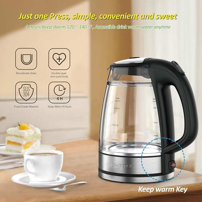 NISVITU 1.7L Dual Wall Cool Touch Electric Kettle, BPA-Free Borosilicate Glass Inner, PC Outer, 1500W Fast Boil Cordless Hot Water Boiler & Electric Tea Kettle, Keep Warm, Auto Shut-Off, Black