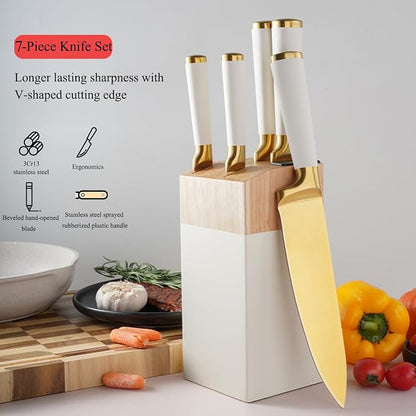 Aesthetic Gold White Kitchen Knife Set,7Pcs Gold Titanium Coated Dishwasher Safe Knife Block Sets,Wooden Block with Built-In Sharpener,Luxury Gift for Women Housewarming