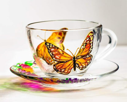 Butterflies and Flowers Teapot with 2 Cups and Saucers - Wedding Gift for Mom - Elegant Tea Set Women Hand Painted Personalized Mother's Day Gift, Luxurious Tea Accessories Tea Party Gift