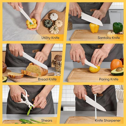 E-far Knife Set, 15-Piece Kitchen Knife Block Set with Sharpener, High Carbon Steel Chef Paring Steak Knives with Ergonomic Non-Slip Handle, Anti-Rust & Razor Sharp, White